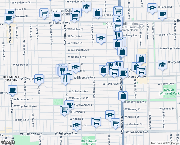 map of restaurants, bars, coffee shops, grocery stores, and more near 5000 West Wolfram Street in Chicago
