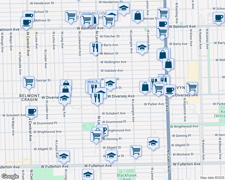 map of restaurants, bars, coffee shops, grocery stores, and more near 5110 West Wolfram Street in Chicago