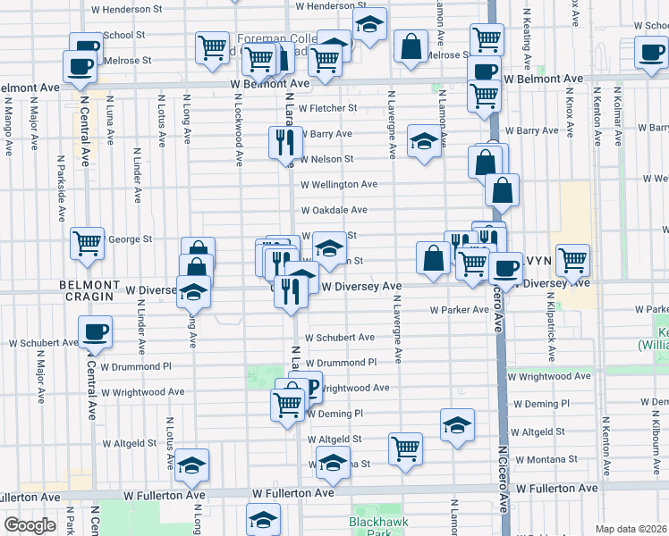 map of restaurants, bars, coffee shops, grocery stores, and more near 5110 West Wolfram Street in Chicago