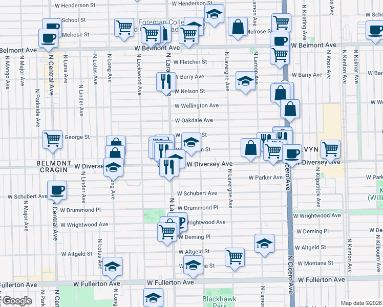 map of restaurants, bars, coffee shops, grocery stores, and more near 5110 West Wolfram Street in Chicago