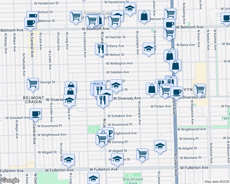 map of restaurants, bars, coffee shops, grocery stores, and more near 5110 West Wolfram Street in Chicago
