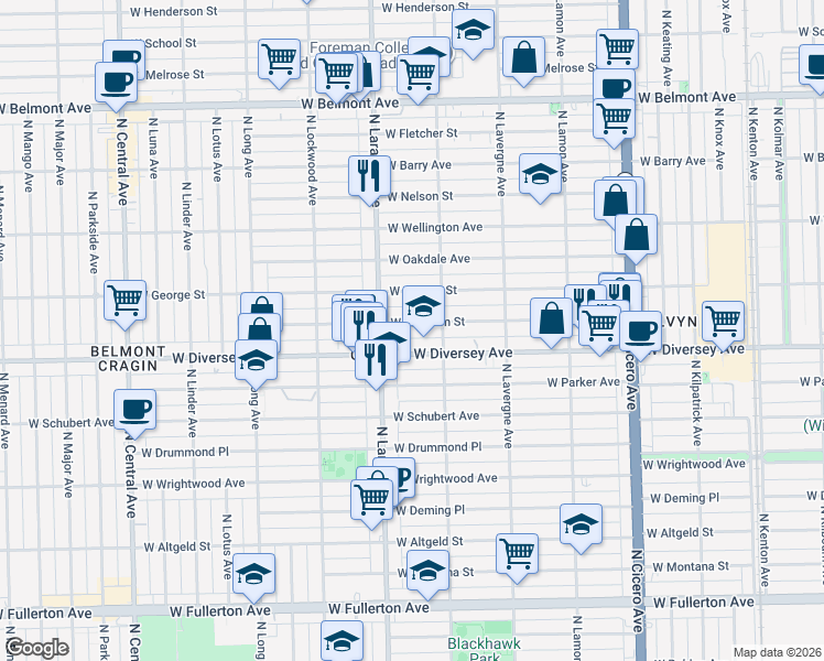 map of restaurants, bars, coffee shops, grocery stores, and more near 5110 West Wolfram Street in Chicago