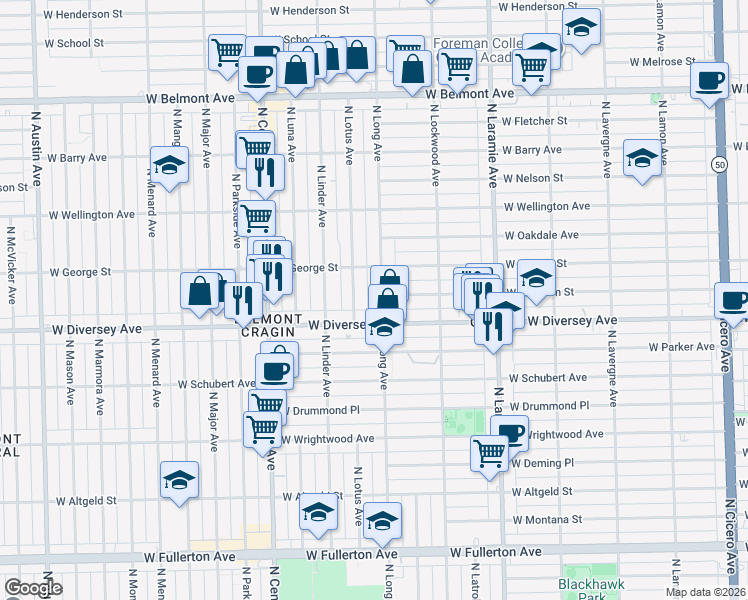 map of restaurants, bars, coffee shops, grocery stores, and more near 2843 North Lotus Avenue in Chicago