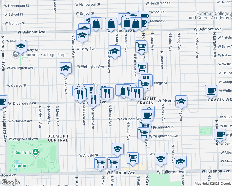 map of restaurants, bars, coffee shops, grocery stores, and more near 2843 North Menard Avenue in Chicago