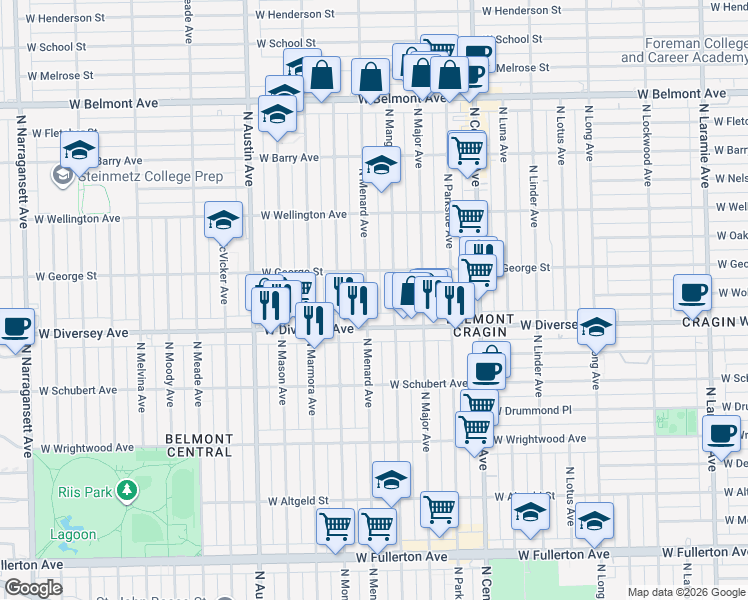 map of restaurants, bars, coffee shops, grocery stores, and more near 2843 North Menard Avenue in Chicago