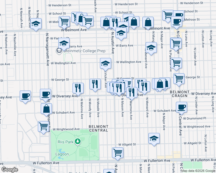 map of restaurants, bars, coffee shops, grocery stores, and more near 2845 North McVicker Avenue in Chicago