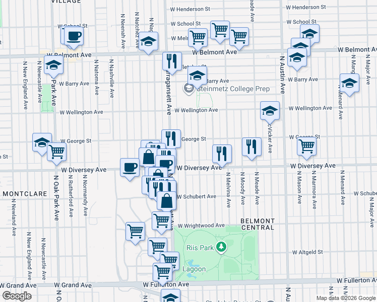 map of restaurants, bars, coffee shops, grocery stores, and more near 2851 North Mulligan Avenue in Chicago