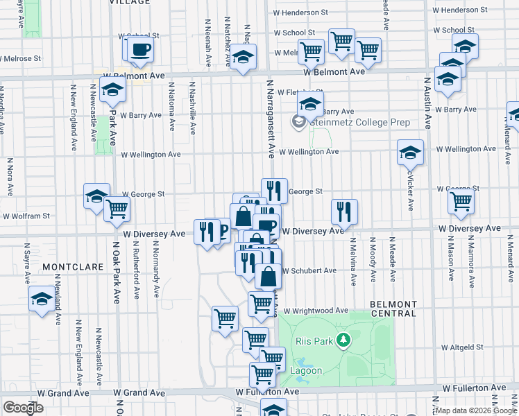 map of restaurants, bars, coffee shops, grocery stores, and more near 2850 North Narragansett Avenue in Chicago