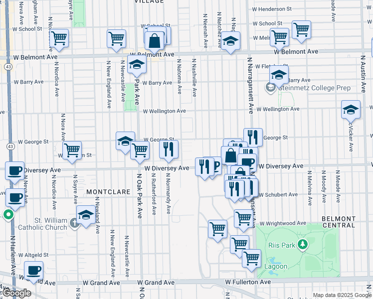 map of restaurants, bars, coffee shops, grocery stores, and more near 2854 North Natoma Avenue in Chicago
