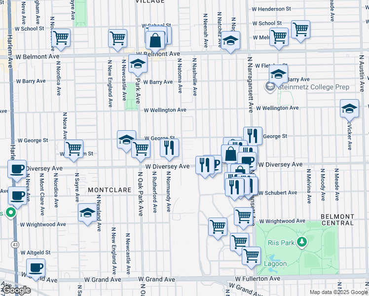 map of restaurants, bars, coffee shops, grocery stores, and more near 2854 North Natoma Avenue in Chicago