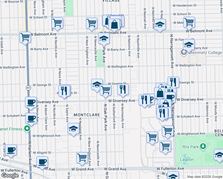 map of restaurants, bars, coffee shops, grocery stores, and more near 2855 North Oak Park Avenue in Chicago