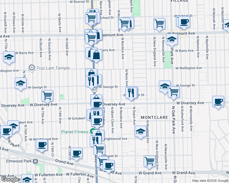 map of restaurants, bars, coffee shops, grocery stores, and more near 2857 North Mont Clare Avenue in Chicago