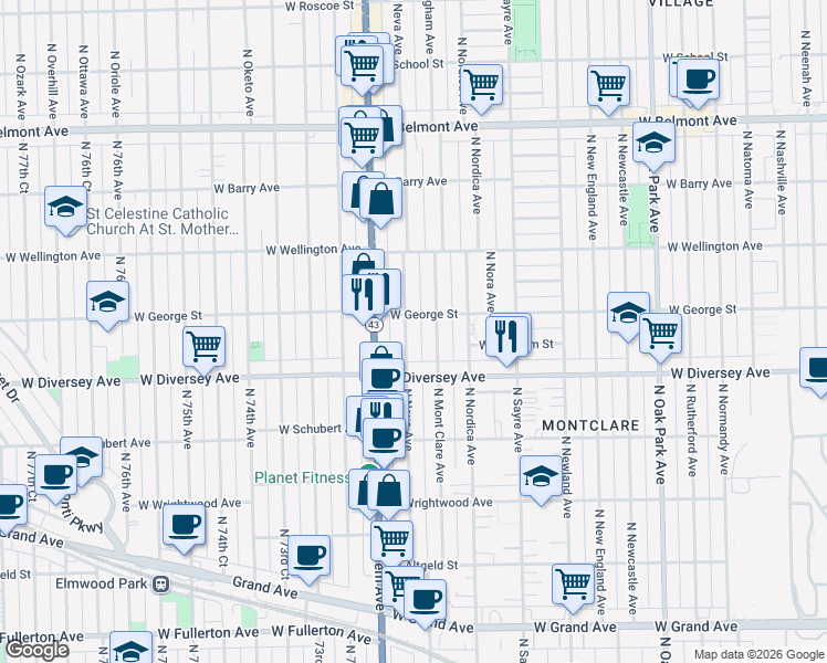 map of restaurants, bars, coffee shops, grocery stores, and more near 2858 North Neva Avenue in Chicago