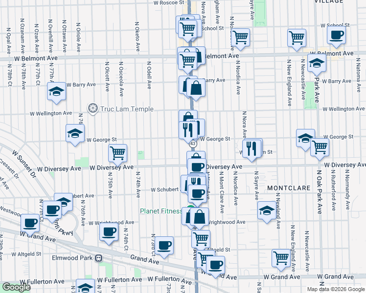 map of restaurants, bars, coffee shops, grocery stores, and more near 2850 North Harlem Avenue in Elmwood Park
