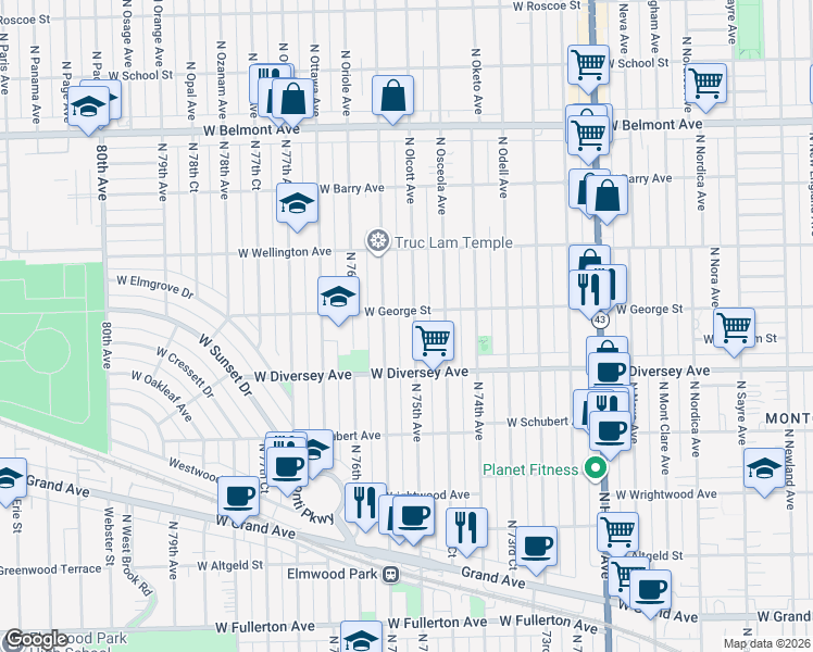 map of restaurants, bars, coffee shops, grocery stores, and more near 2846 North 75th Avenue in Elmwood Park