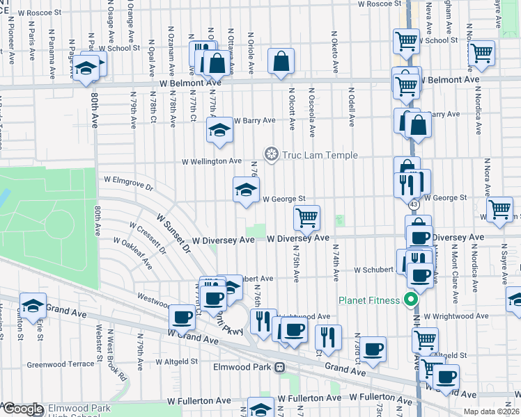 map of restaurants, bars, coffee shops, grocery stores, and more near 2847 North 76th Avenue in Elmwood Park