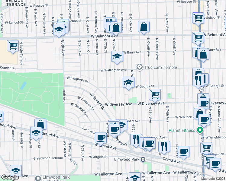 map of restaurants, bars, coffee shops, grocery stores, and more near 2900 North 77th Avenue in Elmwood Park