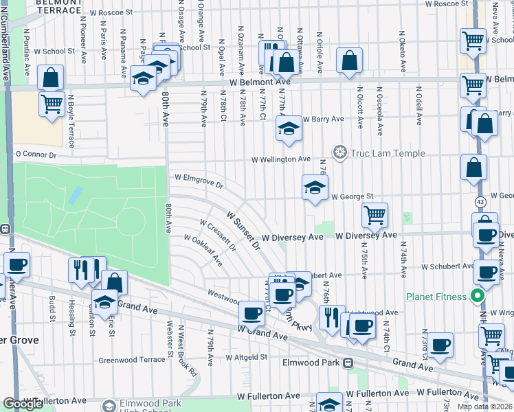 map of restaurants, bars, coffee shops, grocery stores, and more near 7726-7762 West George Street in Elmwood Park
