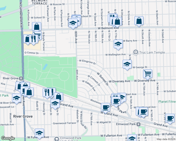 map of restaurants, bars, coffee shops, grocery stores, and more near 7864 West Sunset Drive in Elmwood Park