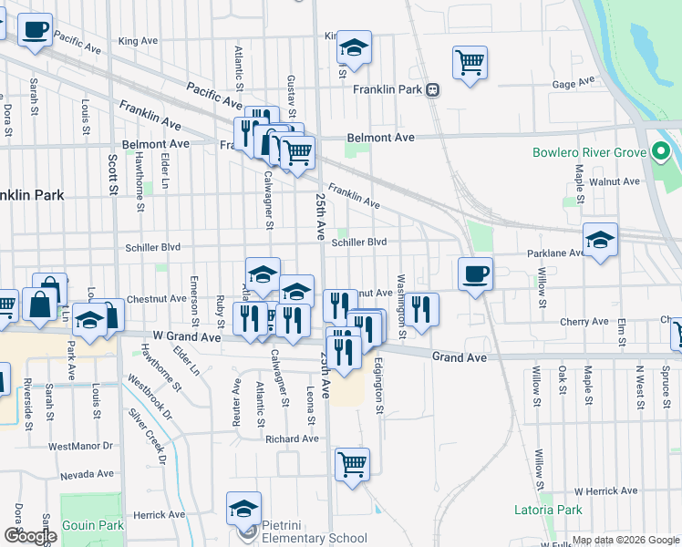 map of restaurants, bars, coffee shops, grocery stores, and more near 2929 Pearl Street in Franklin Park