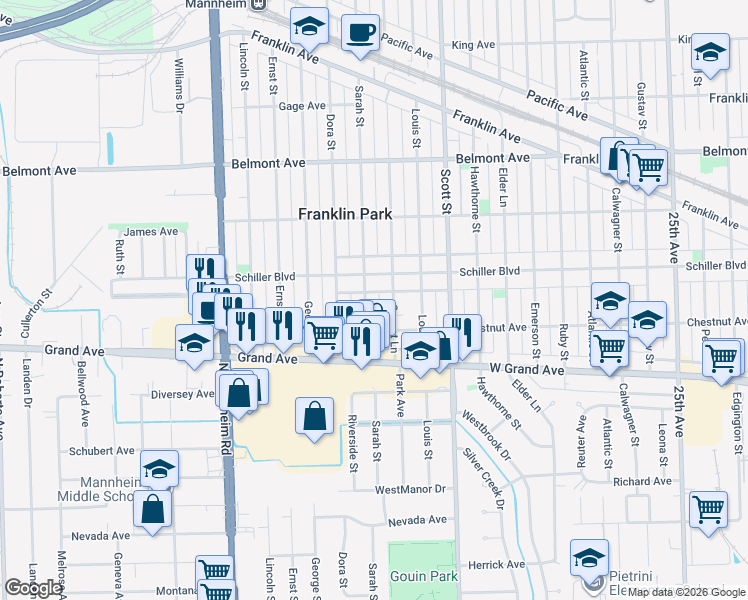 map of restaurants, bars, coffee shops, grocery stores, and more near 10131 Schiller Boulevard in Franklin Park