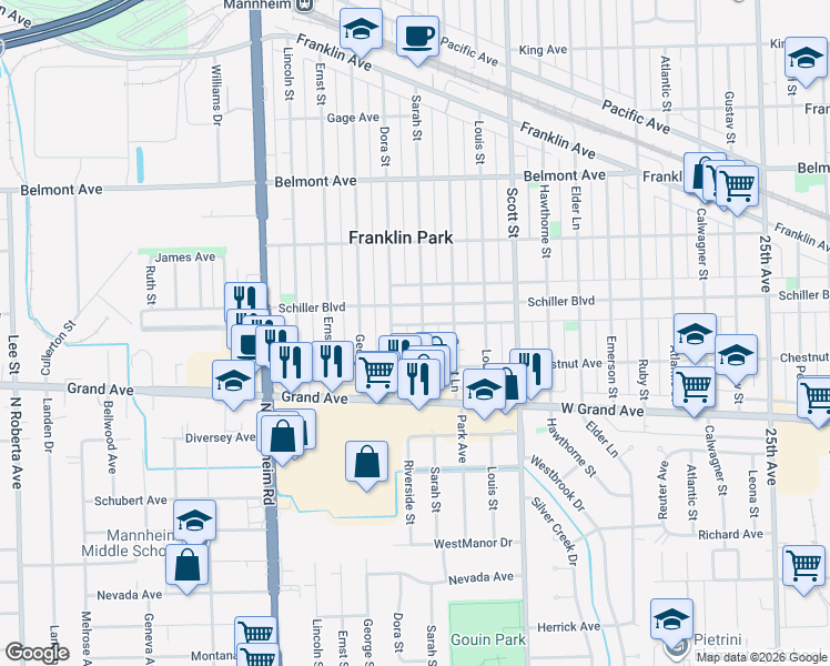 map of restaurants, bars, coffee shops, grocery stores, and more near 10131 Schiller Boulevard in Franklin Park
