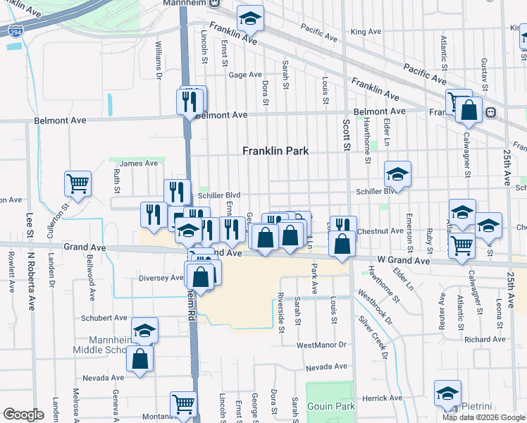 map of restaurants, bars, coffee shops, grocery stores, and more near 2942 Dora Street in Franklin Park