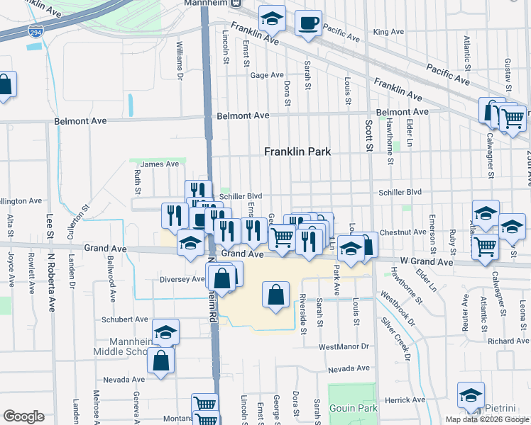 map of restaurants, bars, coffee shops, grocery stores, and more near 2945 Ernst Street in Franklin Park
