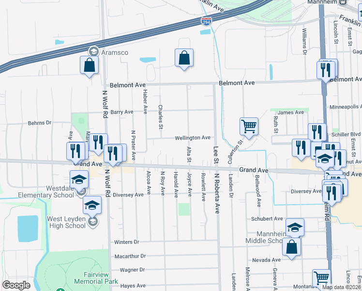 map of restaurants, bars, coffee shops, grocery stores, and more near 2956 Alta Street in Melrose Park
