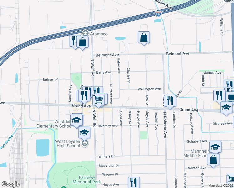 map of restaurants, bars, coffee shops, grocery stores, and more near 2951 North Prater Avenue in Melrose Park