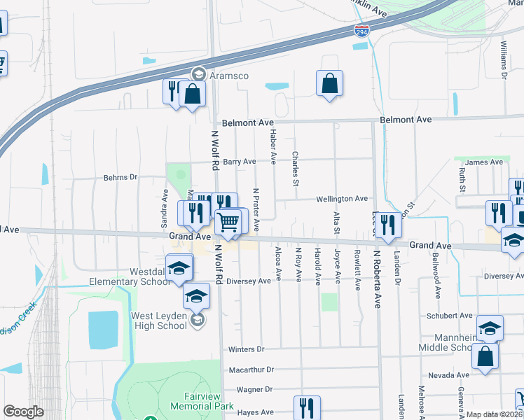 map of restaurants, bars, coffee shops, grocery stores, and more near 2951 North Prater Avenue in Melrose Park