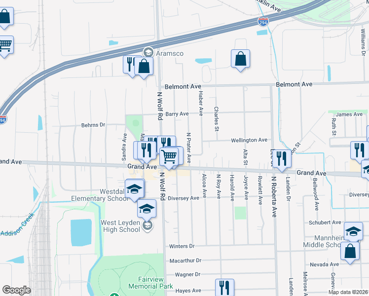 map of restaurants, bars, coffee shops, grocery stores, and more near 2951 North Prater Avenue in Melrose Park