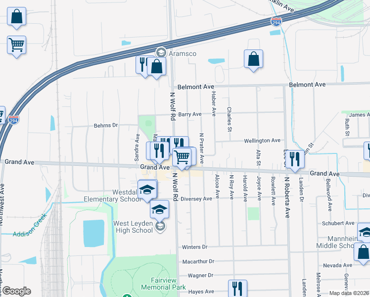 map of restaurants, bars, coffee shops, grocery stores, and more near 2950 La Porte Avenue in Melrose Park