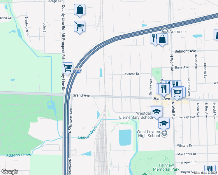 map of restaurants, bars, coffee shops, grocery stores, and more near 3006 Rhodes Avenue in Melrose Park
