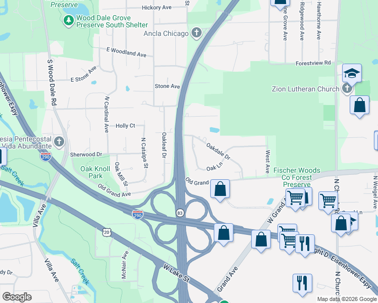 map of restaurants, bars, coffee shops, grocery stores, and more near 17W265 Oakdale Drive in Bensenville