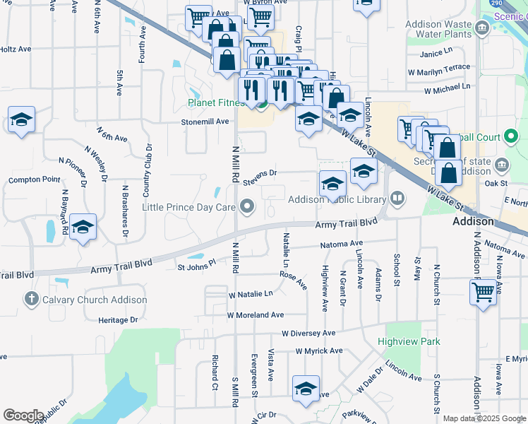 map of restaurants, bars, coffee shops, grocery stores, and more near in Addison