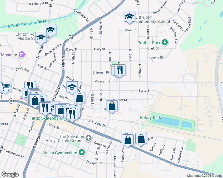 map of restaurants, bars, coffee shops, grocery stores, and more near 521 North 10th Street in DeKalb
