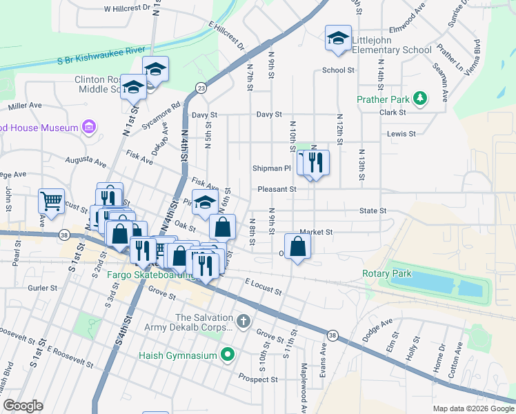 map of restaurants, bars, coffee shops, grocery stores, and more near 816 Pleasant Street in DeKalb