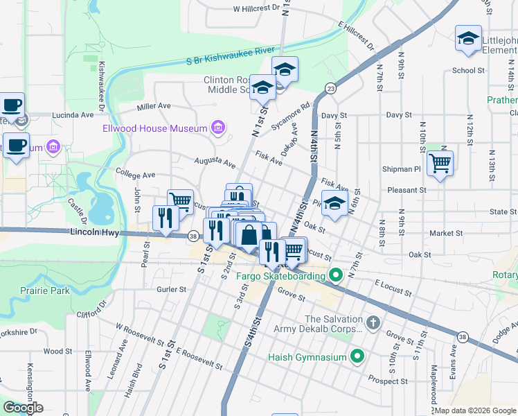 map of restaurants, bars, coffee shops, grocery stores, and more near 126 Oak Street in DeKalb