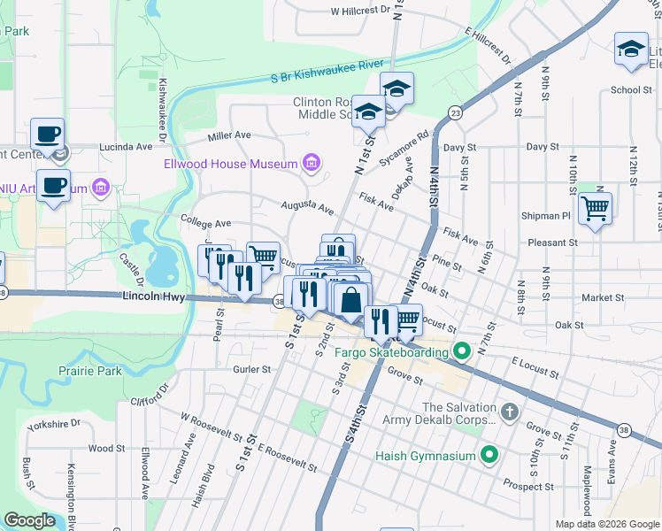 map of restaurants, bars, coffee shops, grocery stores, and more near 227 North 1st Street in DeKalb