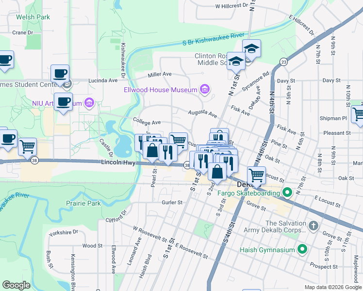 map of restaurants, bars, coffee shops, grocery stores, and more near 154 Park Avenue in DeKalb