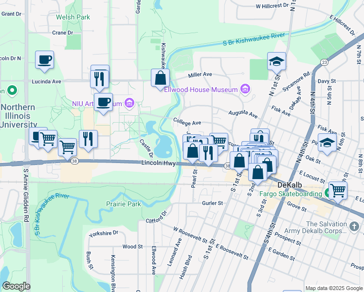 map of restaurants, bars, coffee shops, grocery stores, and more near 155 John Street in DeKalb