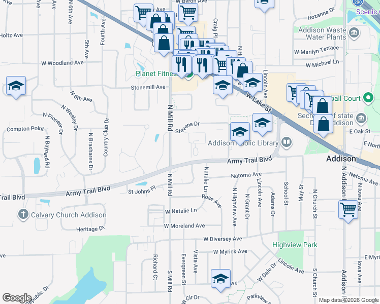 map of restaurants, bars, coffee shops, grocery stores, and more near in Addison