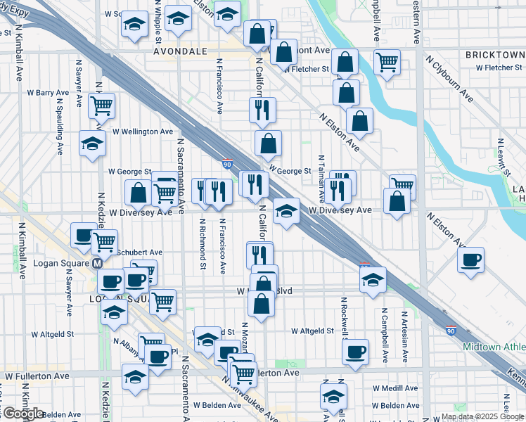 map of restaurants, bars, coffee shops, grocery stores, and more near 2801 North California Avenue in Chicago