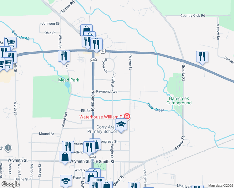 map of restaurants, bars, coffee shops, grocery stores, and more near 123 Raymond Ave in Corry