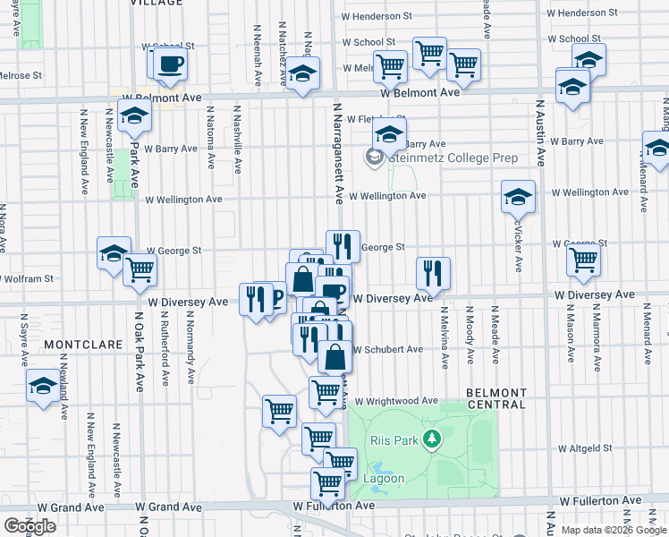 map of restaurants, bars, coffee shops, grocery stores, and more near 2850 North Narragansett Avenue in Chicago