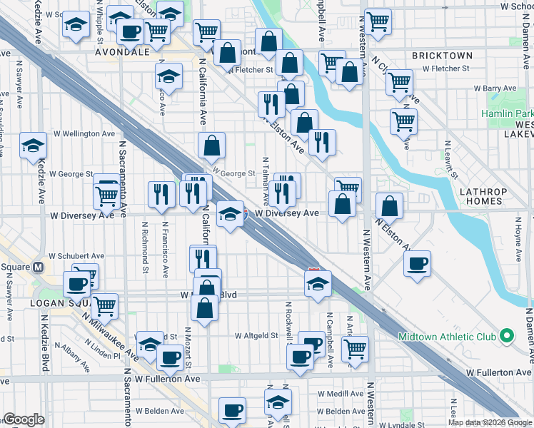map of restaurants, bars, coffee shops, grocery stores, and more near West Diversey Avenue & North Talman Avenue in Chicago