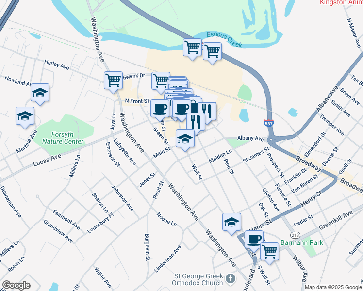 map of restaurants, bars, coffee shops, grocery stores, and more near 255 Wall Street in Kingston