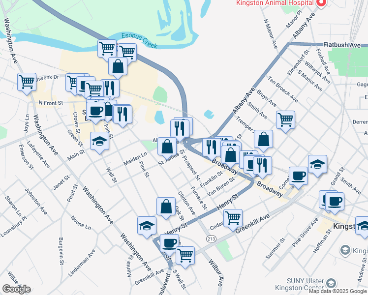 map of restaurants, bars, coffee shops, grocery stores, and more near 775 Broadway in Kingston