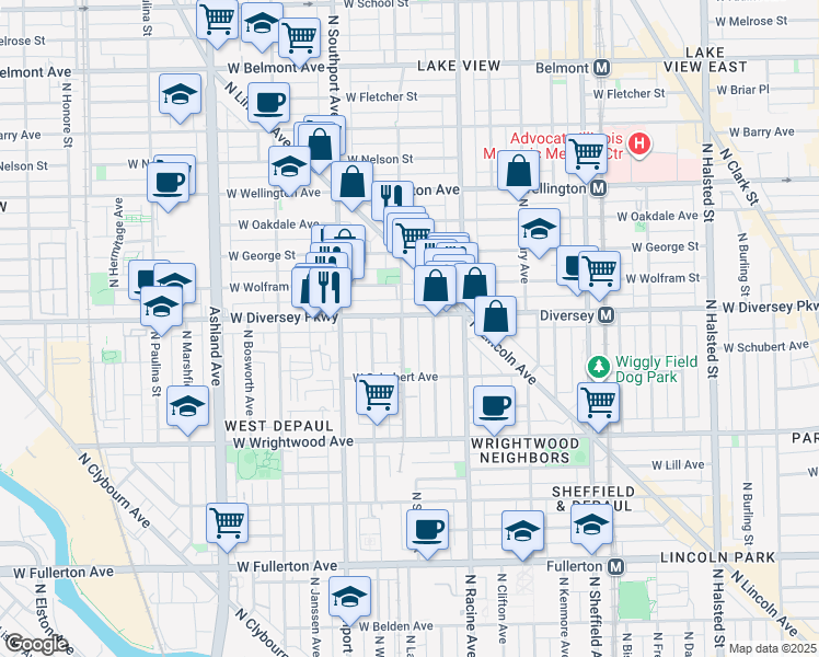 map of restaurants, bars, coffee shops, grocery stores, and more near 1305 West Diversey Parkway in Chicago